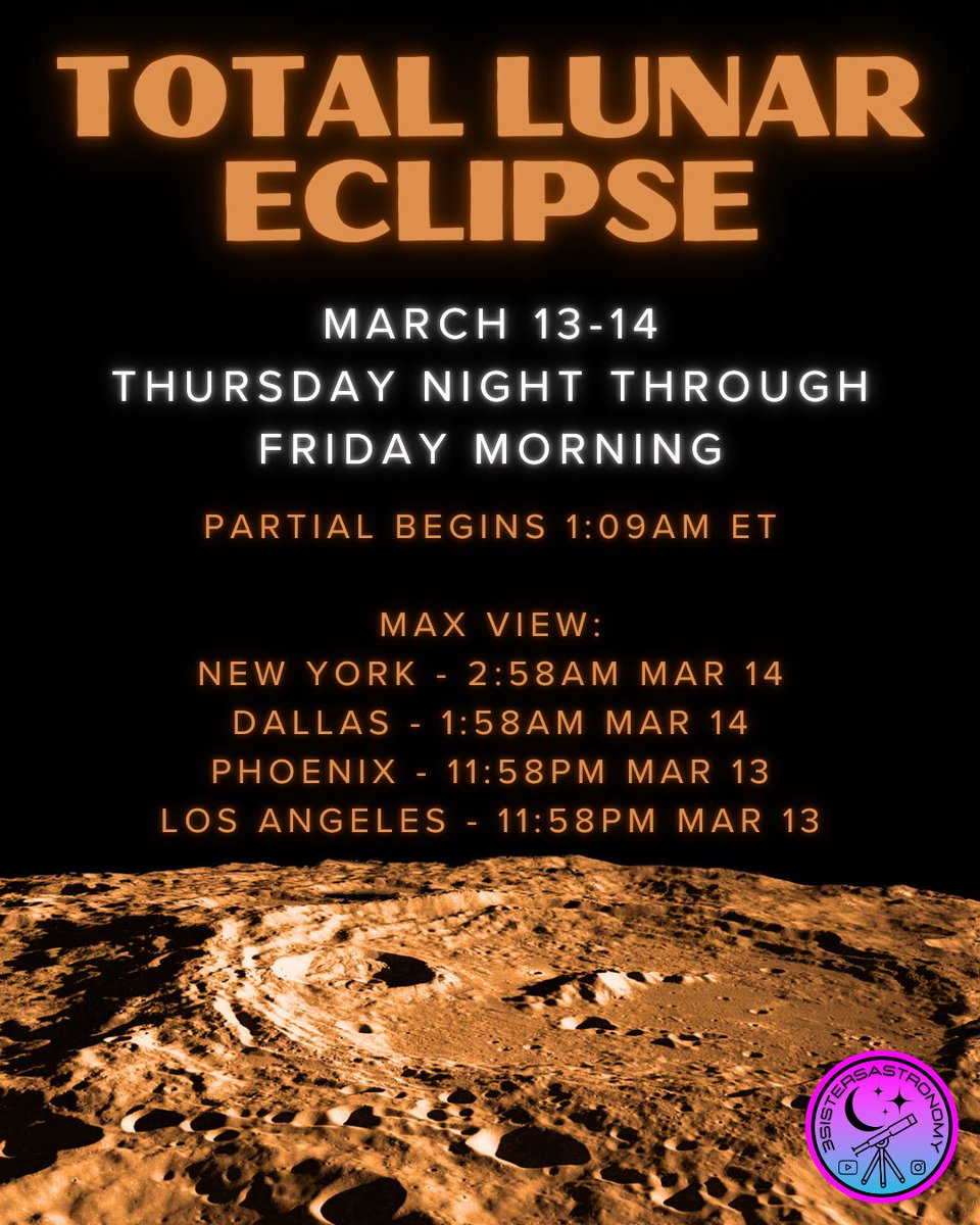 3SistersAstro's tweet photo. 🚨 TOTAL LUNAR ECLIPSE – MAR 13-14 
🌕 Thurs night into Fri morning

📌 Times sourced from https://t.co/bWAggNrWVf

Set your alarms &amp; test your gear! As the Moon fades, adjust your camera settings.

🔭 Tag us &amp; let us know where you’re watching from! https://t.co/6WP9HiKTIE