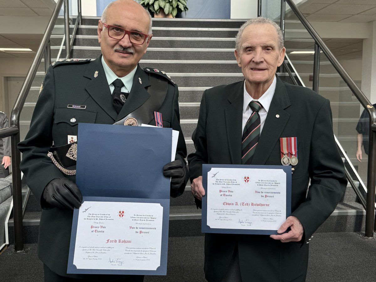faridrohani's tweet image. This week , former Honorary Colonel Ted Hawthorne and myself were each awarded the Priory Vote of Thanks, the highest civilian National Award by St. John Ambulance for non members. A great honour and a bigger surprise. Thank you to @DrALevesque , @richardliu18 , and the corner…