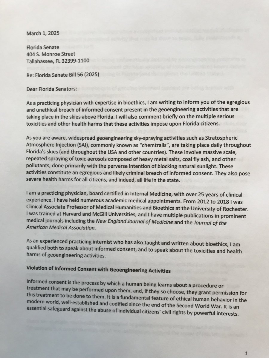cjbakermd's tweet photo. I sent this to the FL Senate as an MD expert, speaking about the violations of informed consent &amp; toxicities of Geoengneering.

Please share!

⁦@IleanaGarciaUSA⁩ ⁦@TomLeekforFL⁩ ⁦@NicoleShanahan⁩ ⁦@itsmarlamaples⁩ ⁦@sayerjigmi⁩ ⁦@leemzeldin⁩ https://t.co/IY7RnesAxz