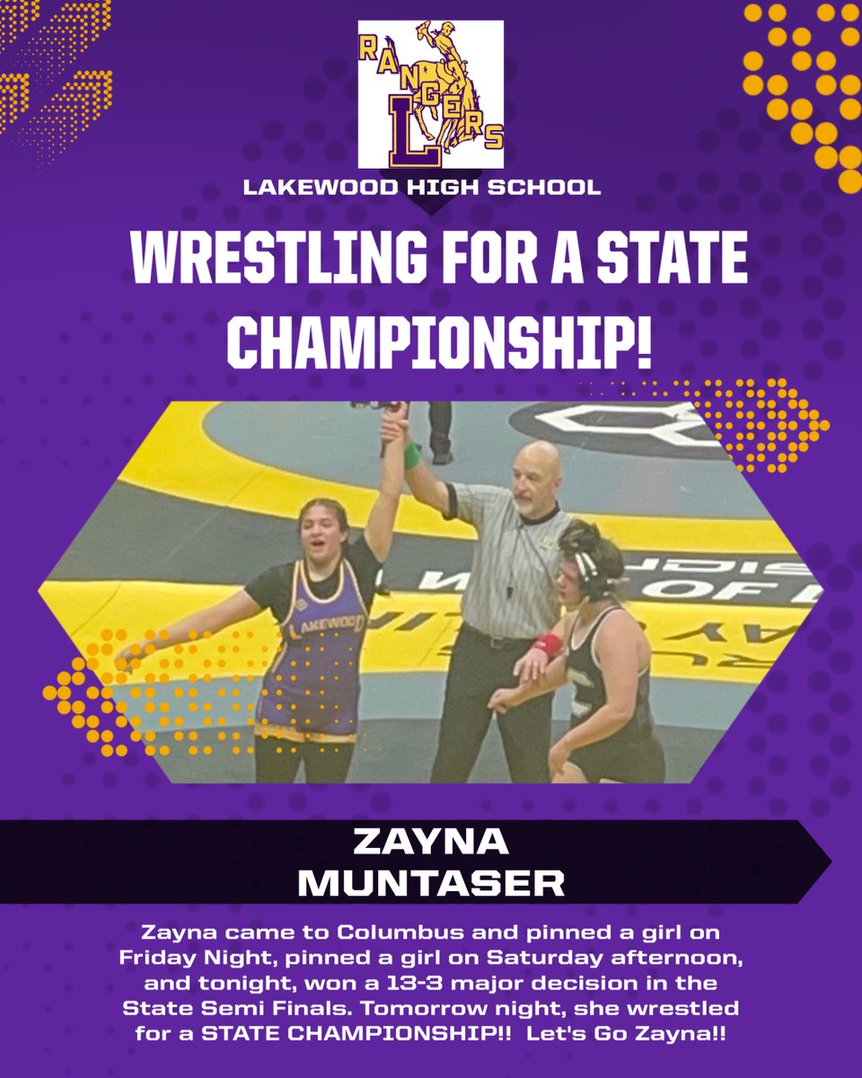 And just like that, Zayna has battled her way to the State Finals Match tomorrow night!!!  So proud of her on so many levels! She's a Great Student; she's a Great Wrestler, but she's an even better person!!! Let's go Zayna!!!  Ranger Pride!!