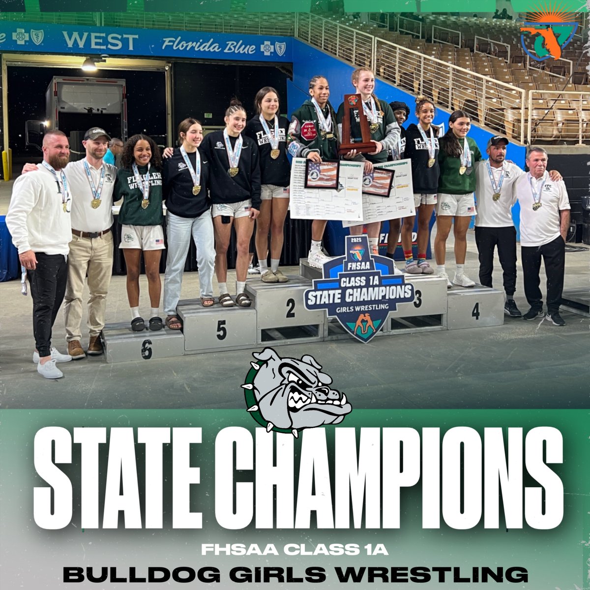 Mission Accomplished ✅ 
STATE CHAMPIONSHIP 🏆

Bulldog Girls Wrestling captured the FHSAA State Championship this evening at Silver Spurs Arena in Kissimmee with a NEW state record 150 team points!! 

#SicEm  #Unleashed 🟢⚪️