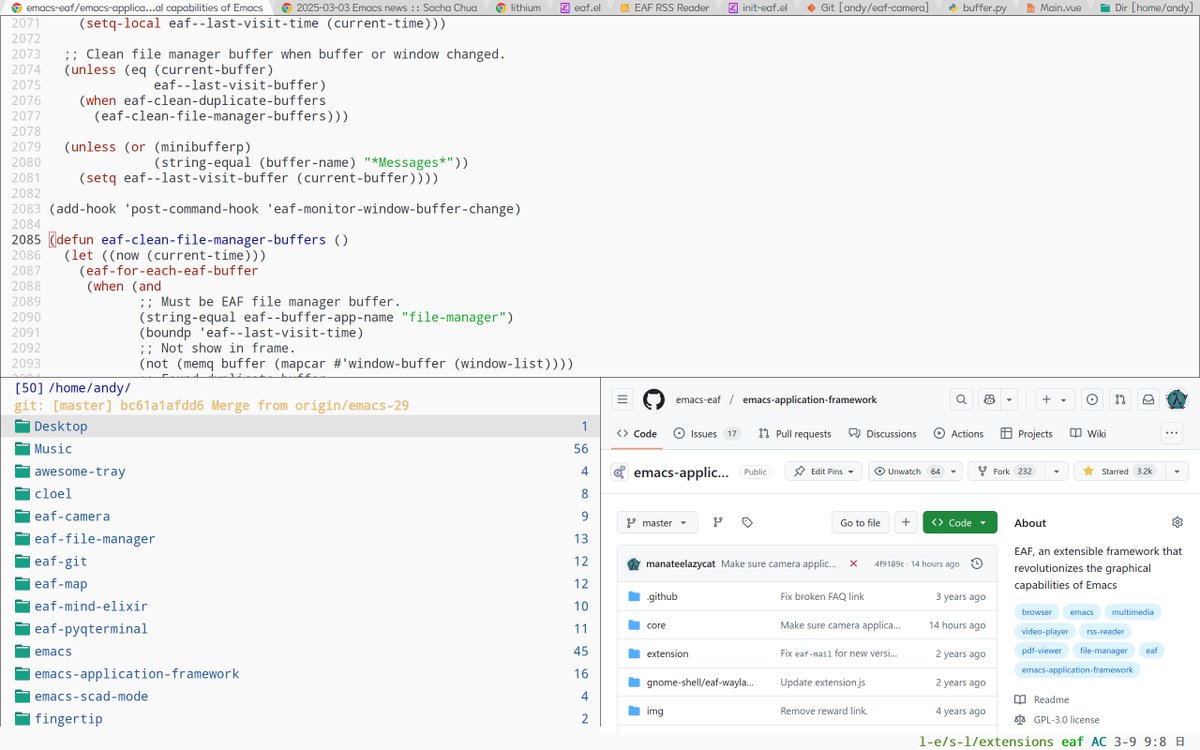 manateelazycat's tweet image. 又是用Cursor增强Emacs的一天
下面是我Emacs的截图:
1. 顶部是用 holo-layer Qt实现的Emacs现代标签栏
2. 底部左边是Vue写的现代双栏文件管理器, 支持多线程文件预览
3. 底部右边是Qt WebEngine写的浏览器, 支持Vimium和沉浸式翻译
4. 最下面是 awesome-tray 改造的 minibuffer + 右侧mini信息栏,…