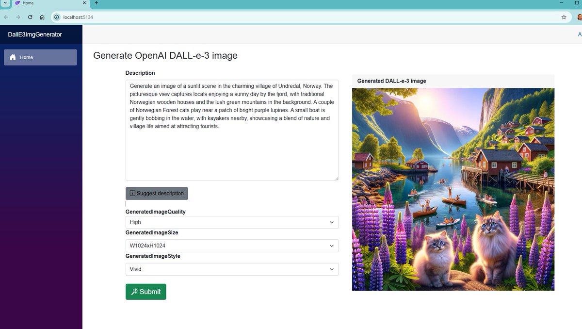 Tore_Aurstad's tweet image. Working on my Blazor Wasm Demo app using Chat Gpt-4 and Dall-e-3 geneative AI !
#blazor #blazorwasm #dotnet9 #csharp #chatgpt #dalle3 #openai #generativeai #norway