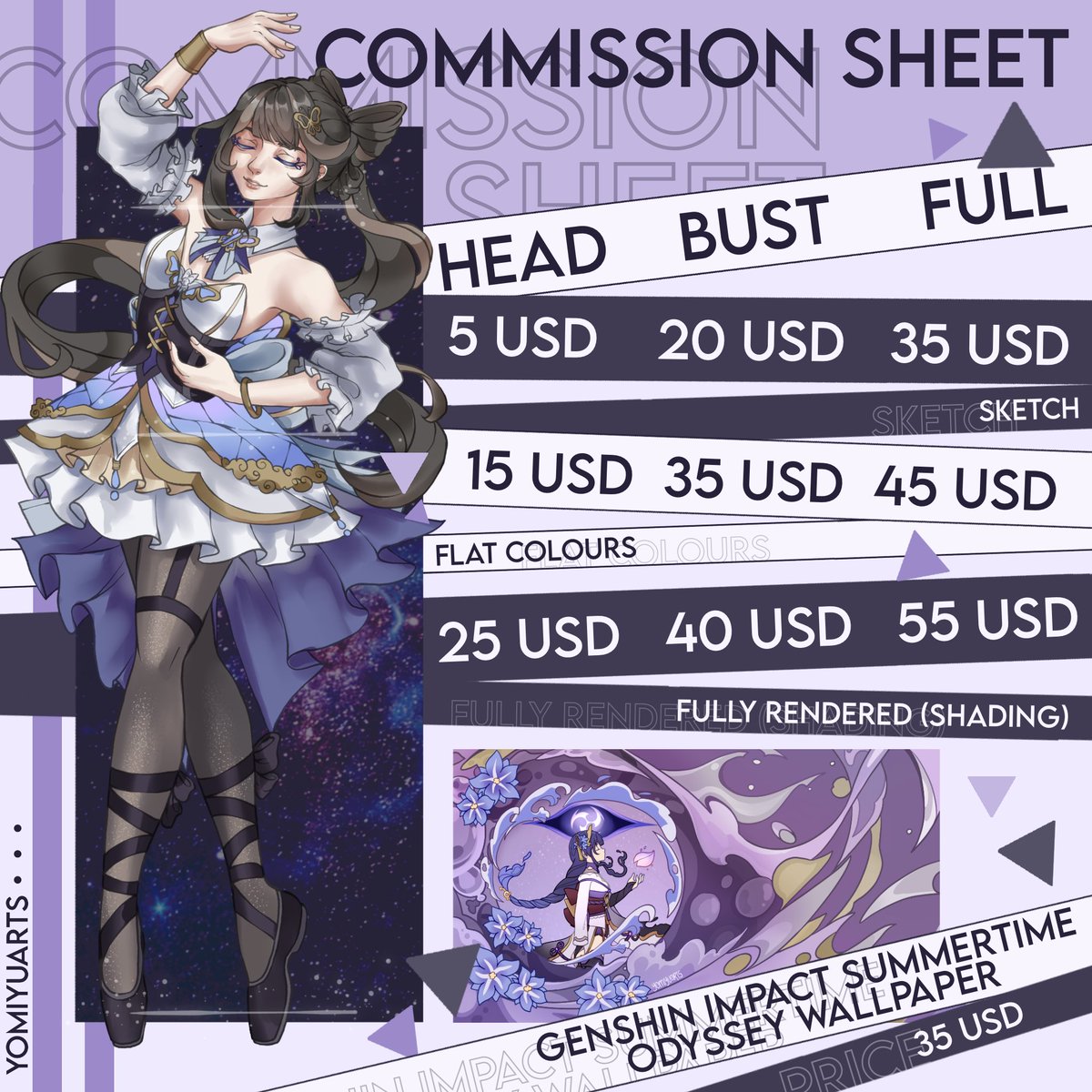 yomiyuarts's tweet image. COMMS PRICE DROPβΌοΈβΌοΈ
Hello everyone, I will be lowering my prices.
My comms has become extremely slow that I am extremely scared for my future. Srry for sounding so desperate, but I genuinely need comms to stay afloat.
#Art #Drawing #Commissions #GenshinImpact #CommissionsOpen