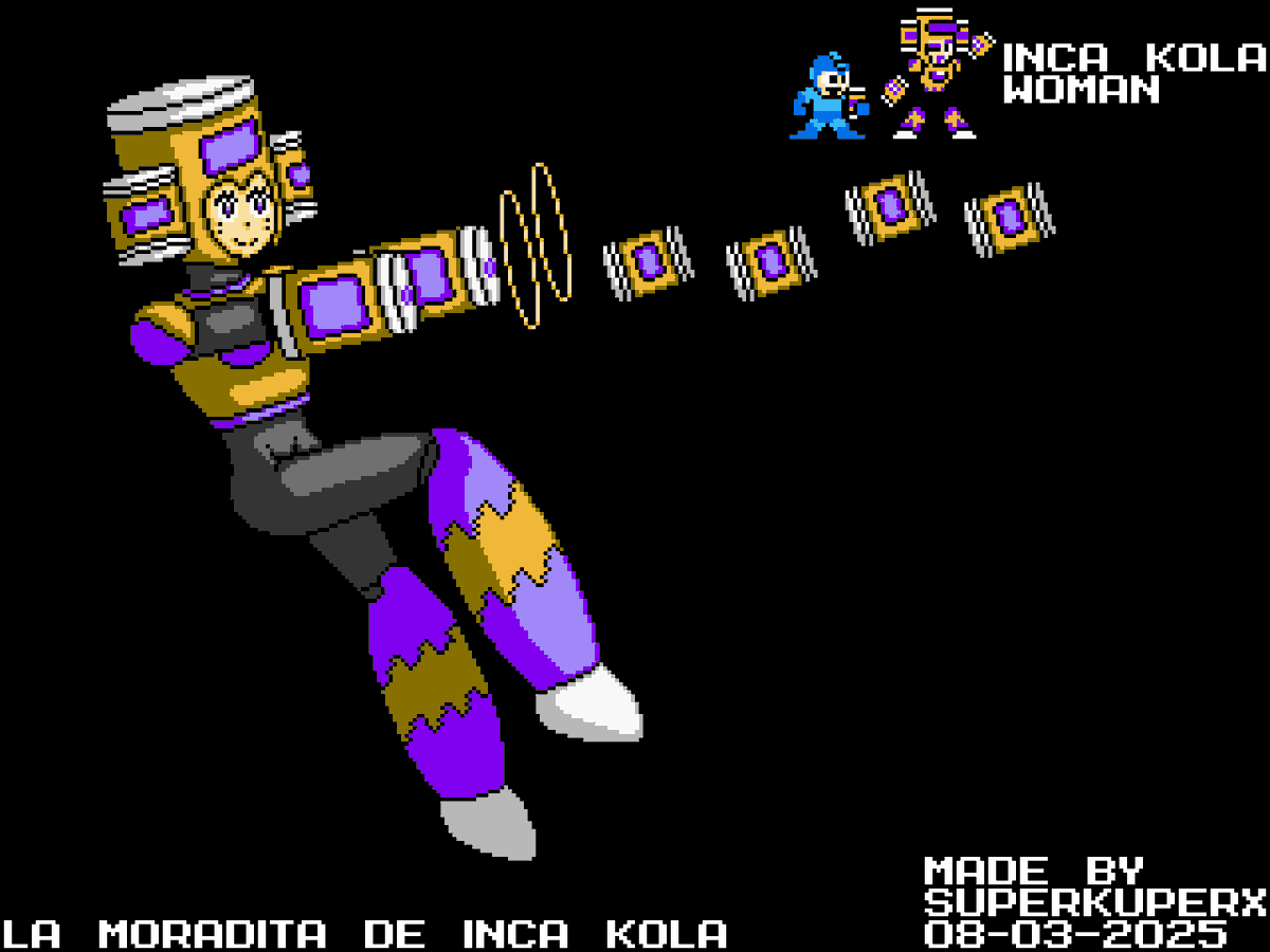 SuperKuperX's tweet photo. Inca Kola Woman it's back for you!
Don't forget like, share and follow. :D
#MegaMan #MegaManStyle #MegaManArt #DigitalArtist #pixelartist #artwork #arte #IncaKola #CocaCola #Peru https://t.co/HMxMsdRdy9
