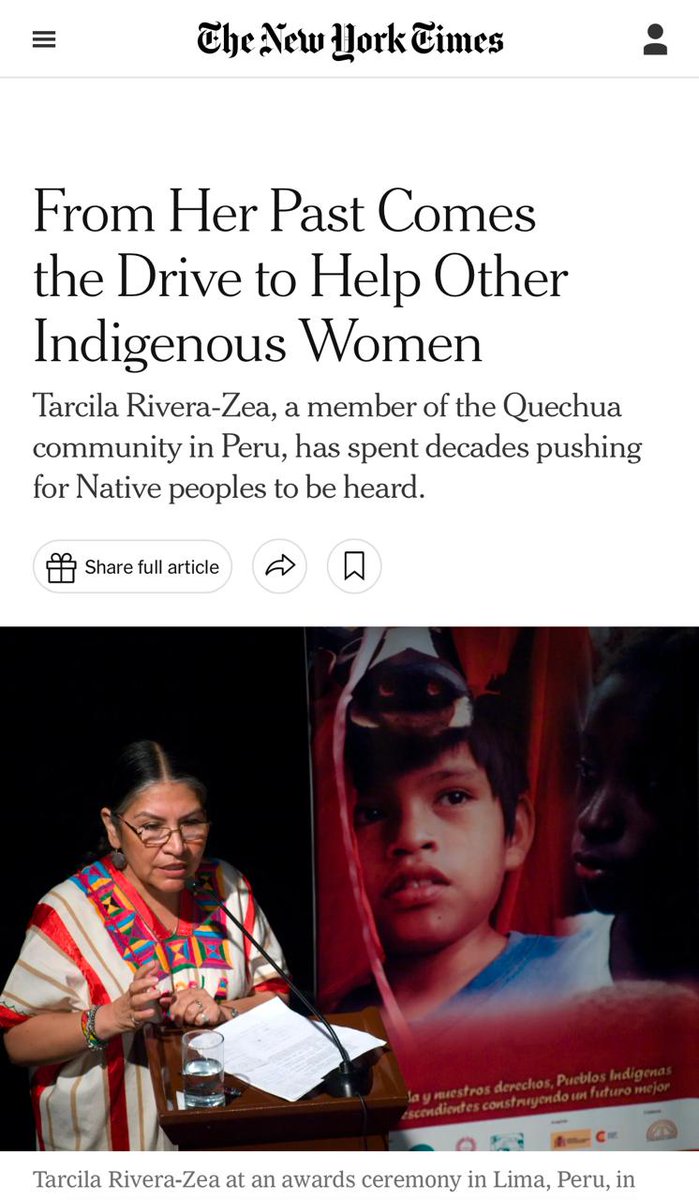 🇵🇪 ¡Orgullo peruano! The New York Times <a href="/nytimes/">The New York Times</a> reconoce a nuestra fundadora y presidenta, Tarcila Rivera Zea <a href="/parwasisa/">Tarcila Rivera Zea</a>, por su incansable lucha por los derechos de las mujeres y los #PueblosIndígenas. Desde los Andes hasta la ONU, su voz inspira al mundo. 
#8Marzo #WomensDay