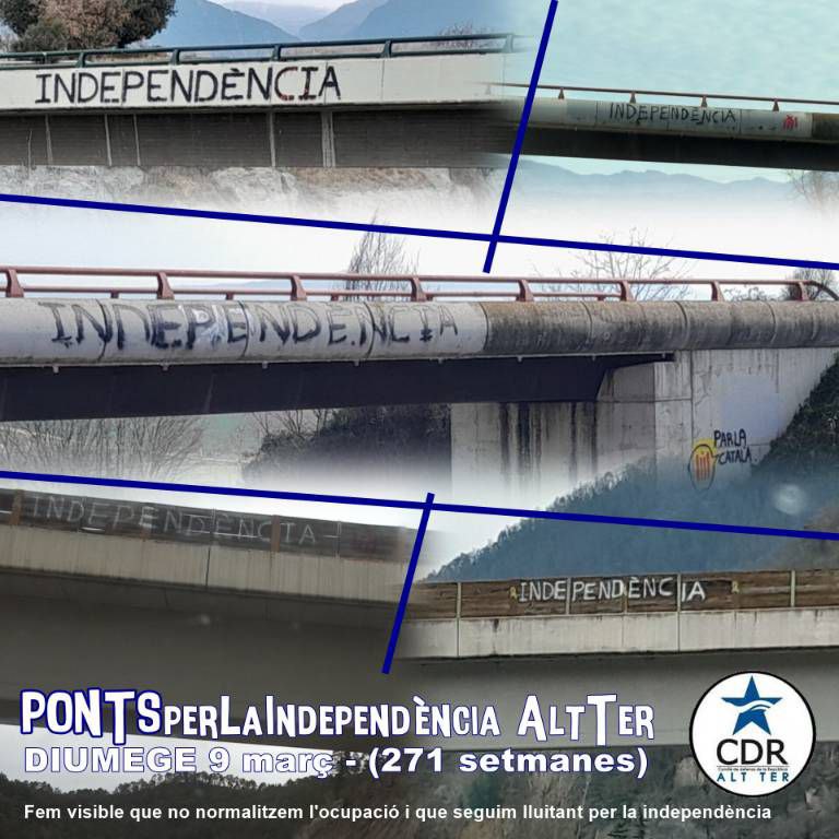 🔴 271.✊ Seguim una setmana més. #PONTSperLaINDEPENDÈNCIA

PERSISTIM i PERSEVEREM en la lluita per la LLIBERTAT i la #INDEPENDÈNCIA de CATALUNYA.
No aturem les lluites populars. SEMPRE CATALÀ

#FinsAlFinal

Ponts de:
📍#ORÍS: C17
📍#GURB: C25
📍#VIC: C17
#TerraLliure