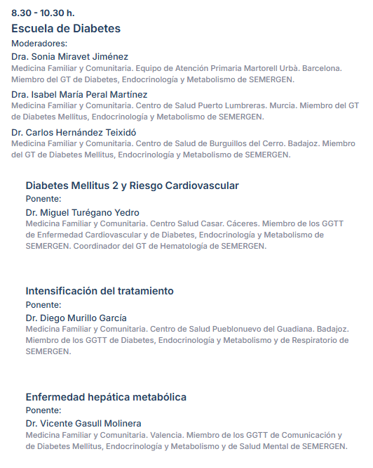 SemergenGTDM's tweet photo. #DMSEMERGEN25 @SEMERGENap 

🗓️14 MARZO🗓️8.30h

ESCUELA DE DM

➖DM y riesgo CV
➖Enfermedad hepática metabólica
➖DM y embarazo
➖Demencia y DM2
➖Intensificación del tto
➖Adherencia terapéutica
➖Seguridad de hipoglucemiantes
➖Interpretación de AGP y ajuste de insulina https://t.co/OsHcTxxqNI