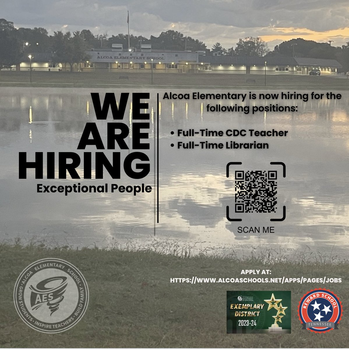 Come work at the best school in Tennessee! We are hiring for a full-time CDC Teacher and a Full-Time Librarian for the upcoming 2025-26 School Year. 
Apply at: alcoaschools.edlioschool.com/apps/pages/jobs
