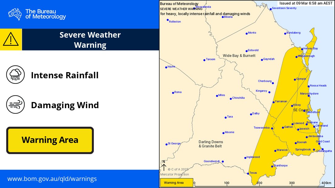 ⚠️Issued 6:58am⚠️

Ex-Tropical Cyclone Alfred has weakened but heavy to locally #IntenseRain &amp; #DamagingWind gusts are still expected over #SEQ

A very dangerous storm with intense rainfall is occurring near Hervey Bay and parts of K'gari.

See: bom.gov.au/products/IDQ21…