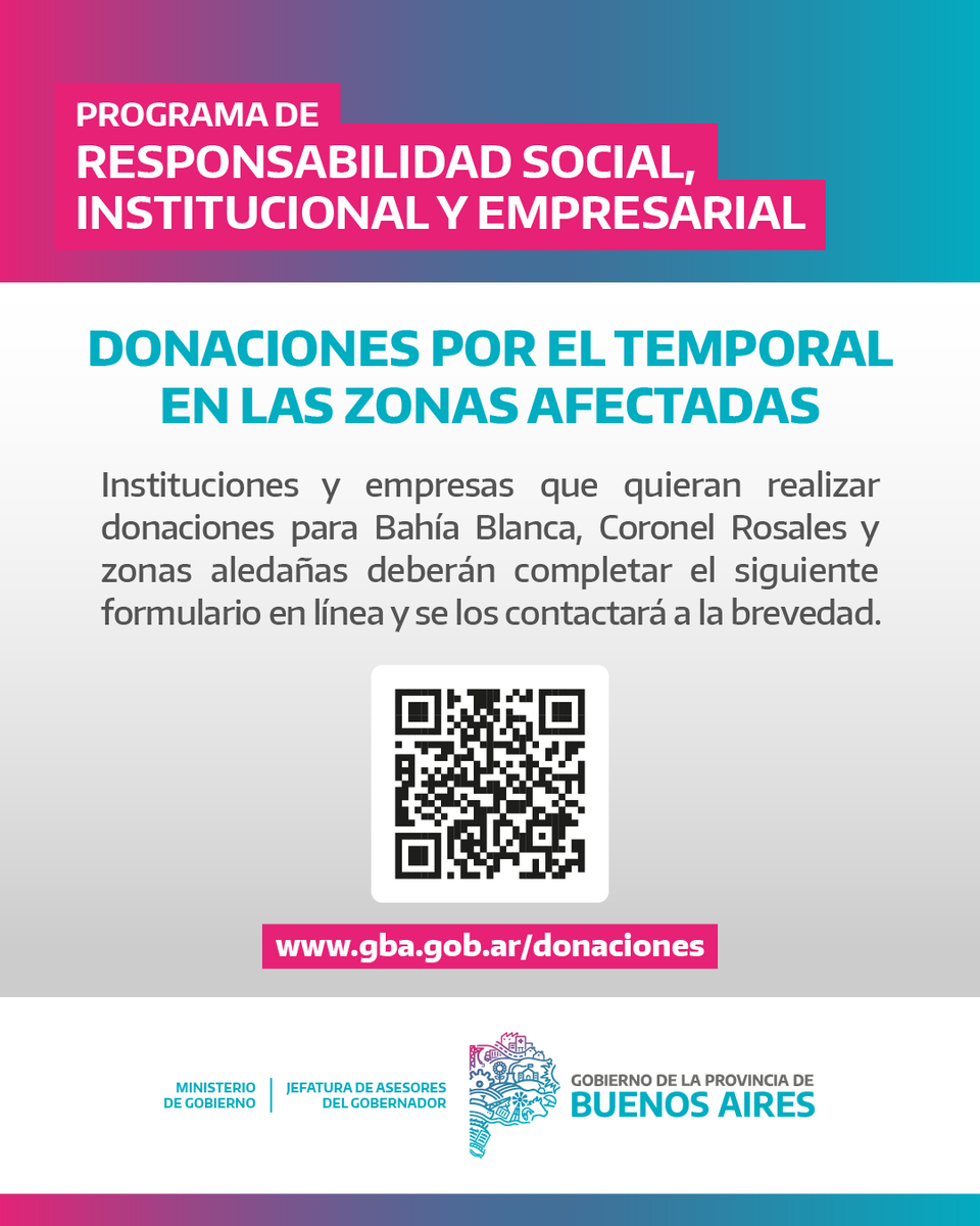 BAProvincia's tweet photo. 🌧️🤝 DONACIONES PARA LAS ZONAS AFECTADAS 🌧️🤝

Empresas e instituciones que quieran colaborar con los municipios afectados por el temporal en el sur de la Provincia pueden completar el formulario en línea para coordinar su aporte.

📍 Bahía Blanca, Coronel Rosales y alrededores.
🔗 Accedé al formulario en https://t.co/7vEsyYZHRW