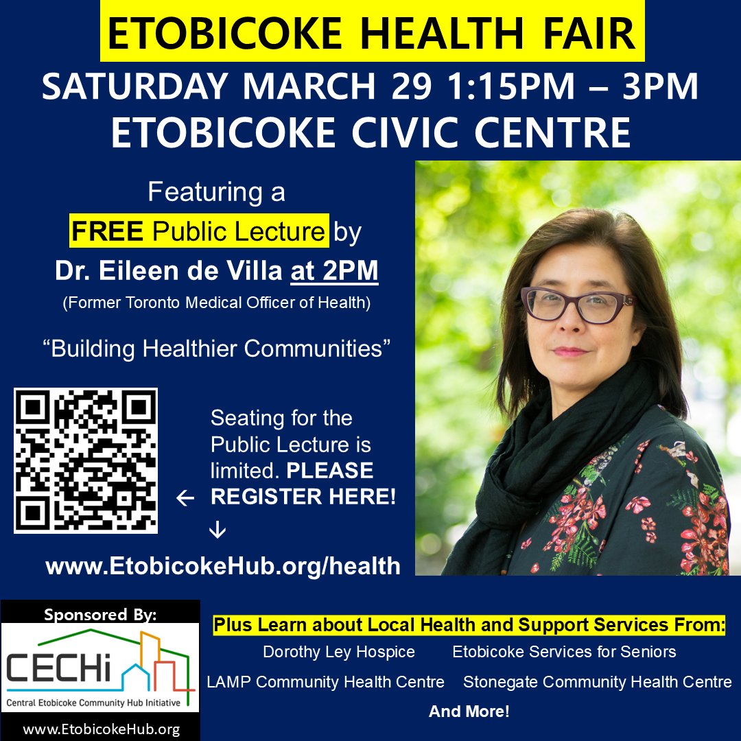 Join us on Saturday March 29 from 1:15PM - 3PM at the Etobicoke Civic Centre for the 2025 ETOBICOKE HEALTH FAIR. Learn about local health and support services. Plus a FREE public lecture by Dr. <a href="/epdevilla/">Dr. Eileen de Villa</a>! Please register at EtobicokeHub.org/health 
#healthcare #HealthyLiving