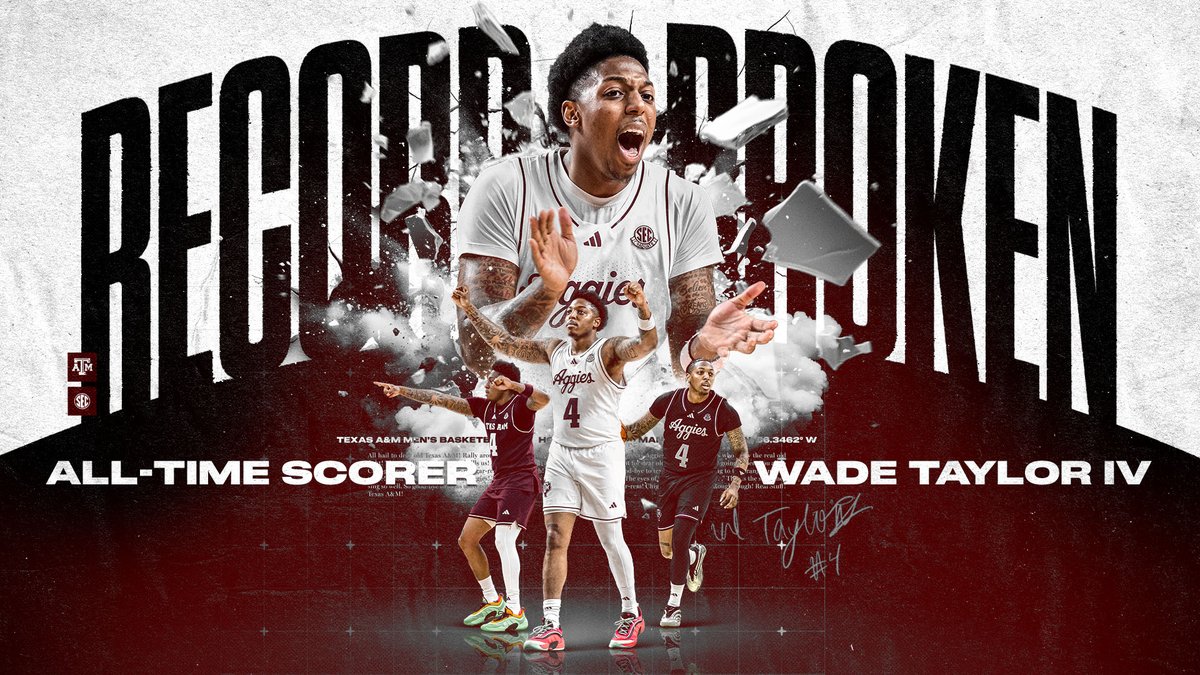 Texas A&M Basketball (@aggiembk) on Twitter photo Wade Taylor IV breaks the program's all-time scoring record! π
Four surpasses 2022 Texas A&M Athletics Hall of Fame inductee Bernard King's 22-year old career scoring record of 1,990 set from 1999-2003.
#GigEm | <a href="/wadetaylorIV/">TheWadeTaylorIV</a> Wade Taylor IV breaks the program's all-time scoring record! π
Four surpasses 2022 Texas A&M Athletics Hall of Fame inductee Bernard King's 22-year old career scoring record of 1,990 set from 1999-2003.
#GigEm | <a href="/wadetaylorIV/">TheWadeTaylorIV</a>