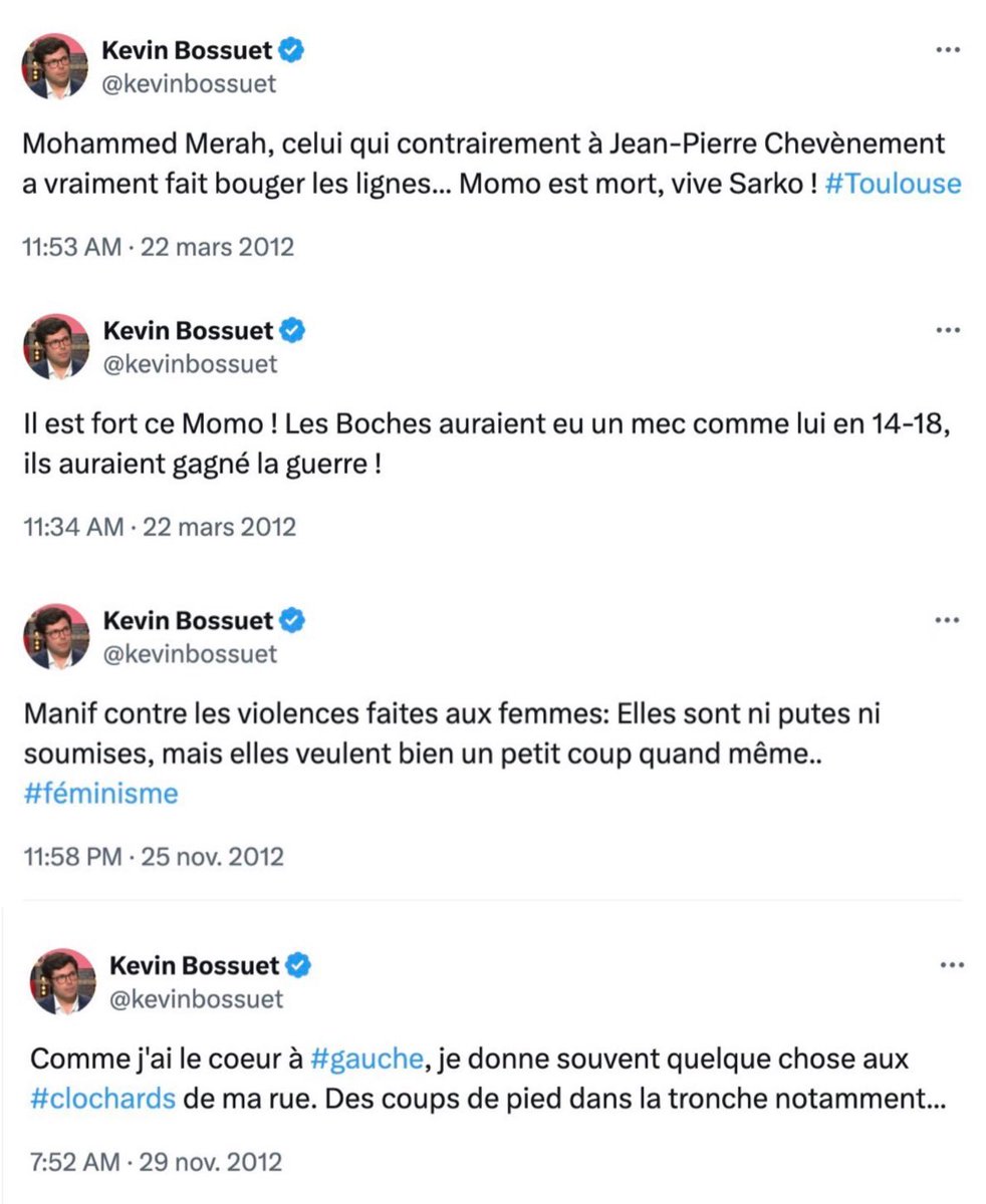 🇫🇷- Alerte ordure : Propos racistes, misogynes, etc., <a href="/kevinbossuet/">Kevin Bossuet</a>, chroniqueur sur CNews ou encore RMC, efface des dizaines de tweets plus dégoûtants les uns que les autres après la publication d’un article de Blast.

Article complet ici : blast-info.fr/articles/2025/…