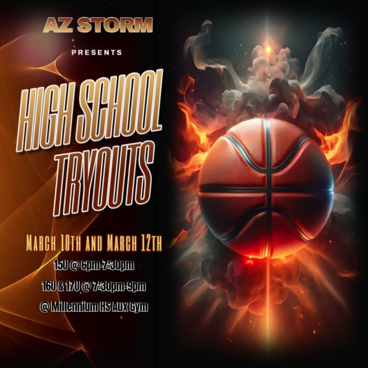 AzStormCamacho's tweet image. AZ STORM HS FINAL TRYOUTS
Monday March 10th
15U Tryouts from 6pm-7:30pm 
16U &amp;amp; 17U Tryouts from 7:30pm-9pm
@ the Millennium HS Aux Gym.

Wednesday March 12th
15U Tryouts from 6pm-7:30pm 
16U &amp;amp; 17U Tryouts from 7:30pm-9pm
@ the Millennium HS Aux Gym.

forms.gle/bcGS9SYFZoNH1i…