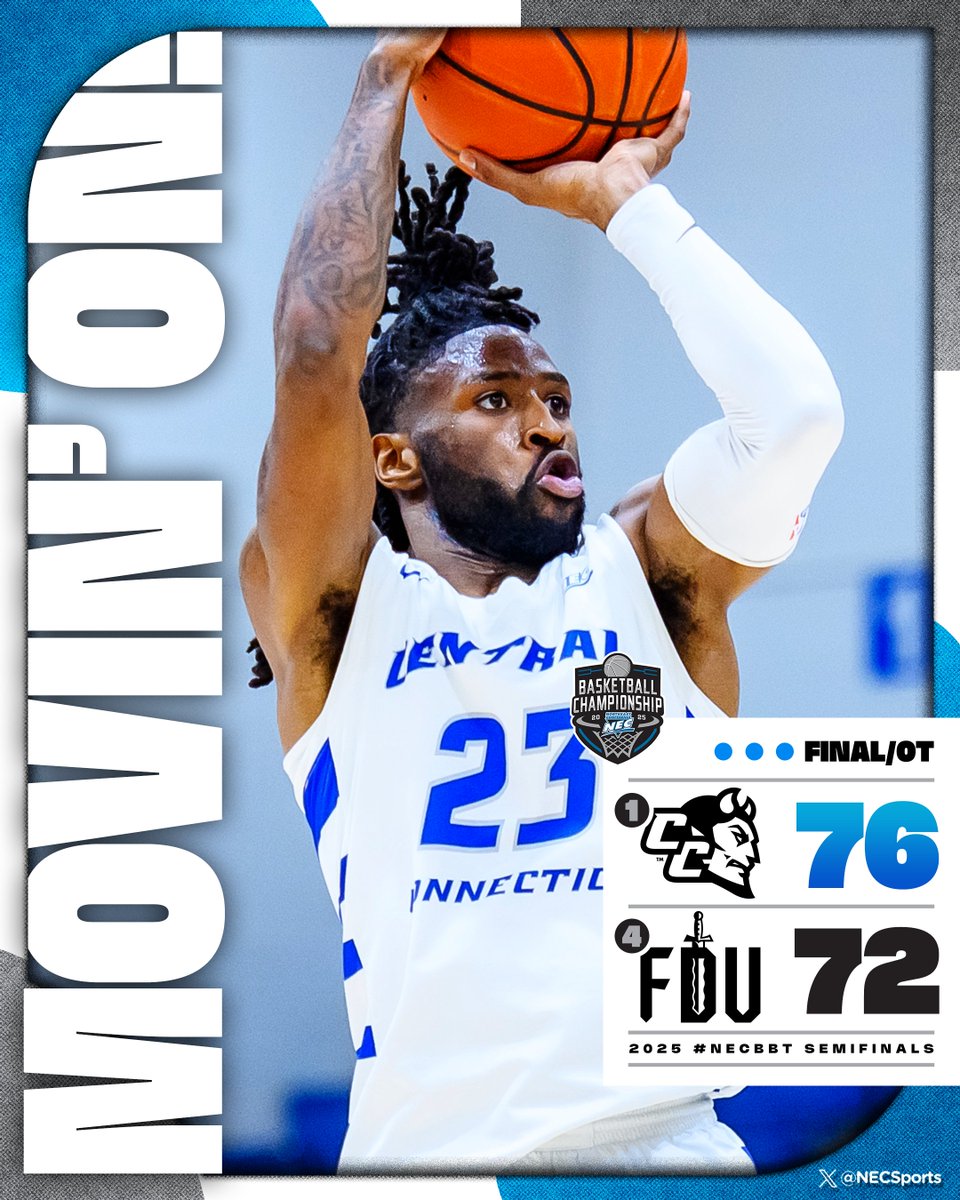 Northeast Conference (@nechoops) on Twitter photo 🏀 𝙈𝙊𝙑𝙄𝙉' 𝙊𝙉!
🔝 seeded <a href="/CCSU_MBB/">CCSU Men’s Basketball</a> withstood overtime and is headed to #ChampionshipTuesday for the SIXTH time in program history.
#NEC25 x #NECMBB x <a href="/CCSUBlueDevils/">CCSU Blue Devils</a> 🏀 𝙈𝙊𝙑𝙄𝙉' 𝙊𝙉!
🔝 seeded <a href="/CCSU_MBB/">CCSU Men’s Basketball</a> withstood overtime and is headed to #ChampionshipTuesday for the SIXTH time in program history.
#NEC25 x #NECMBB x <a href="/CCSUBlueDevils/">CCSU Blue Devils</a>
