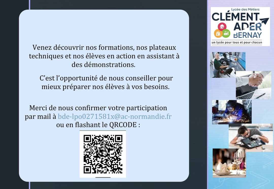 Entreprises, venez à la rencontre de nos élèves !
Le lycée Clément Ader organise une soirée exceptionnelle : 

"L'ESPRIT D'ENTREPRISE À ADER"

Mardi 11 mars 2025 à partir de 18h au Lycée Clément Ader, Bernay

Cette soirée est une occasion unique d’échanger avec nos élèves.