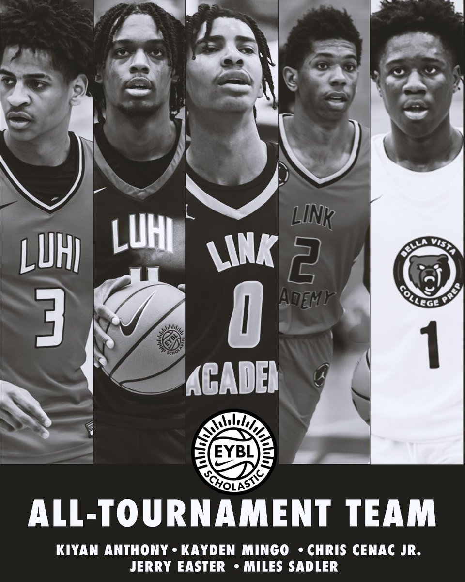 Congratulations to your inaugural 2024-2025 EYBL Scholastic All-Tournament Team 🫡🔥

Kiyan Anthony - Long Island Lutheran (NY)
Kayden Mingo-Long Island Lutheran (NY)
Chris Cenac - Link Academy (MO)
Jerry Easter - Link Academy (MO)
Miles Sadler - CIA Bella Vista (AZ)