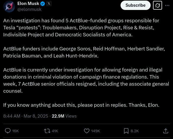 Musk_insights__'s tweet photo. If seeing Elon bashing ActBlue makes you want to donate to ActBlue, I want you to send $20 to ActBlue if you can to protest him, and quote tweet this to let people know if you're with me. Let's make this one go viral.

#ScrewElon https://t.co/bQ100Gy19D