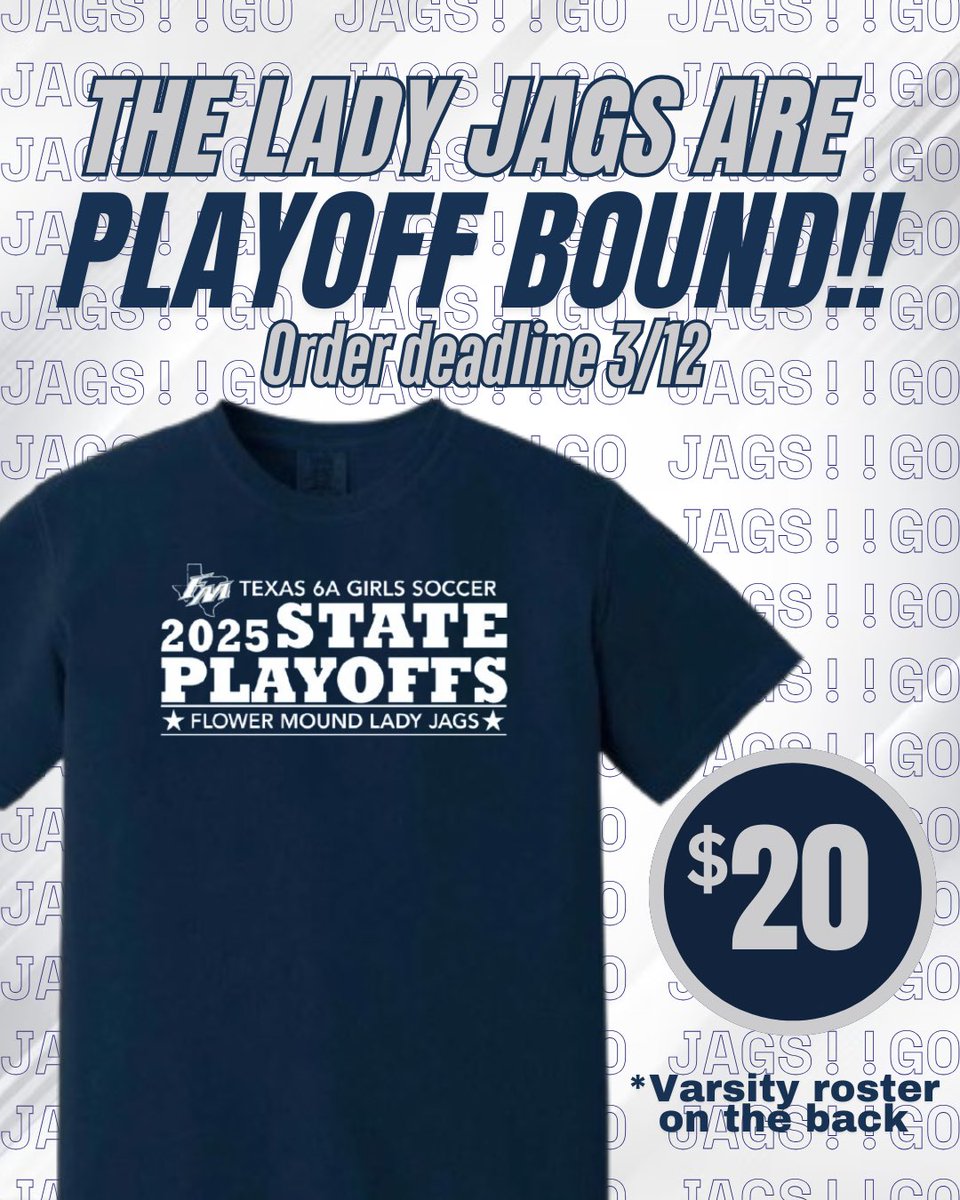 PLAYOFFS CLINCHED!  
Order your Lady Jags playoff shirt in time for the upcoming playoffs! ORDER DEADLINE is Wednesday, March 12th @ 5PM.  Place an order with your favorite Lady Jag or click here: forms.gle/r9RKCz4c4oibg6… 

Let’s go Lady Jags!!!