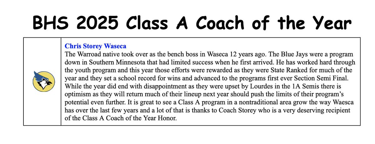 2025 BHS Hockey Class A Coach of the Year
Congrats to <a href="/Bluejaypuckboss/">Waseca Boys Hockey</a>
