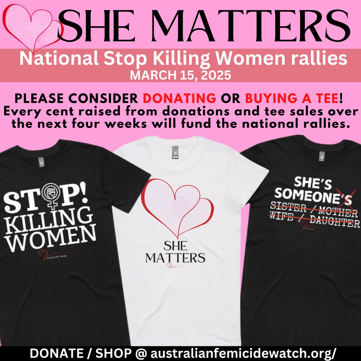 ShereleMoody's tweet photo. On March 15, rally for her! 
Rally for the 116 women killed in the past 14 months.
Rally for all women. 
Rally for our safety and our lives.

I have 13 She Matters Stop Killing Women rallies organised for Saturday.
There's at least one in every state and territory.

Links to all the rallies: https://t.co/RaO2Vj9FbU

RALLY LOCATIONS AND TIMES

❤️ADELAIDE / TARNTANYA: 11AM-2PM, rally at Parliament Steps, North Terrace.

❤️ALICE SPRINGS MPARNTWE: 10AM, rally Ground of Reflection, Alice Springs Court House green.

❤️BENDIGO / DJA DJA WURRUNG: 11AM-1PM, gather near Rosiland Park Piazza, Cnr View and High Streets.

❤️BRISBANE / MAGAN-DJIN: 11AM-3PM, 415 George Street, with assembly at the green next to the Brisbane Magistrates Court.

❤️CANBERRA / NGUNNAWAL: 12PM-2PM, rally at Parliament House.

❤️GEELONG / DJILANG: From 10.30am, gather at Market Square Mall, Little Malop Street.

❤️HOBART / NIPALUNA: 11AM-12PM, rally at Franklin Square.

❤️MELBOURNE / NAARM: 11.30AM-2.30PM, rally at Victoria State Parliament Steps.

❤️NEWCASTLE MULUBINBA: 11AM-3PM, rally at Civic Park, King Street.

❤️ORANGE / WIRADJURI: 12PM-2PM, rally at Cook Park.

❤️PERTH / BOORLOO: 12PM-2PM, march and rally from Forrest Place, CBD

❤️PORT MACQUARIE / GURUK: 11AM-1.30PM, March from Town Green, Horton Street; rally at Town Beach Amphitheatre, Alban Place

❤️SYDNEY / GADIGAL: 11AM-12PM, gather at Anzac Day Memorial, Hyde Park.

For information on the rallies, email Sherele@AustralianFemicideWatch.org

❤️❤️❤️❤️
SUPPORT THE RALLIES (LINKS IN BIO)
❤️Donate: https://t.co/T0ZFsihg8G
❤️Shop: https://t.co/LPsJKDTAbQ

#femicide #violenceagainstwomen #womenssafety #domesticviolence #maleviolence #notallmen #violence #Shematters