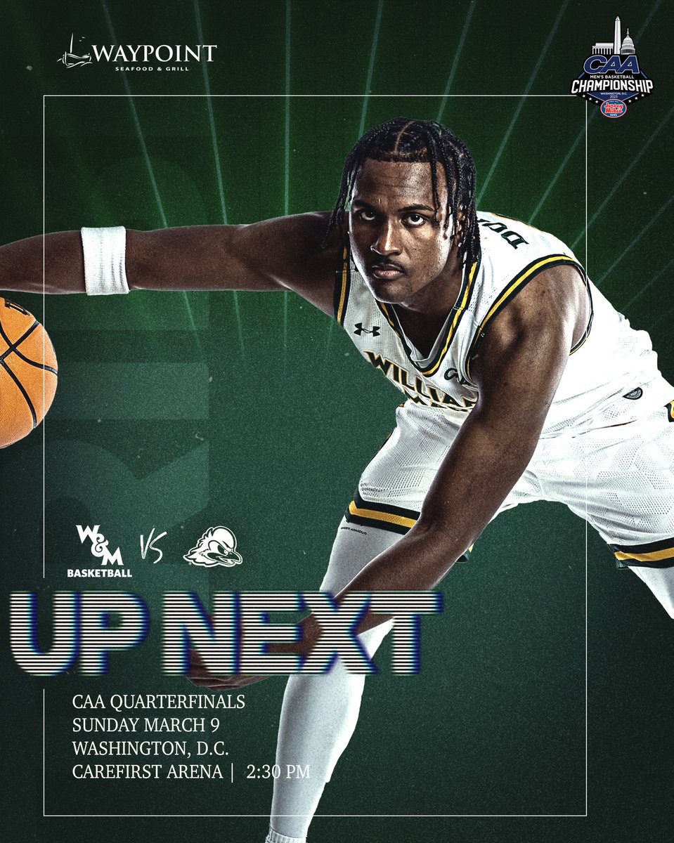 William & Mary Tribe Men's Basketball (@wmtribembb) on Twitter photo 𝙐𝙥 𝙉𝙚𝙭𝙩
𝘱𝘳𝘦𝘴𝘦𝘯𝘵𝘦𝘥 𝘣𝘺 𝘞𝘢𝘺𝘱𝘰𝘪𝘯𝘵 𝘎𝘳𝘪𝘭𝘭
CAA Quarterfinals
🆚 Delaware
🗓️ Sunday
📍 Washington, D.C.
🏟 CareFirst Arena
🕗 2:30 PM
💻 <a href="/FloCollegeHoops/">FloCollege | Basketball</a>
🔈 The Tide 92.3 FM
#GoTribe | #MarchOnTribe 𝙐𝙥 𝙉𝙚𝙭𝙩
𝘱𝘳𝘦𝘴𝘦𝘯𝘵𝘦𝘥 𝘣𝘺 𝘞𝘢𝘺𝘱𝘰𝘪𝘯𝘵 𝘎𝘳𝘪𝘭𝘭
CAA Quarterfinals
🆚 Delaware
🗓️ Sunday
📍 Washington, D.C.
🏟 CareFirst Arena
🕗 2:30 PM
💻 <a href="/FloCollegeHoops/">FloCollege | Basketball</a>
🔈 The Tide 92.3 FM
#GoTribe | #MarchOnTribe