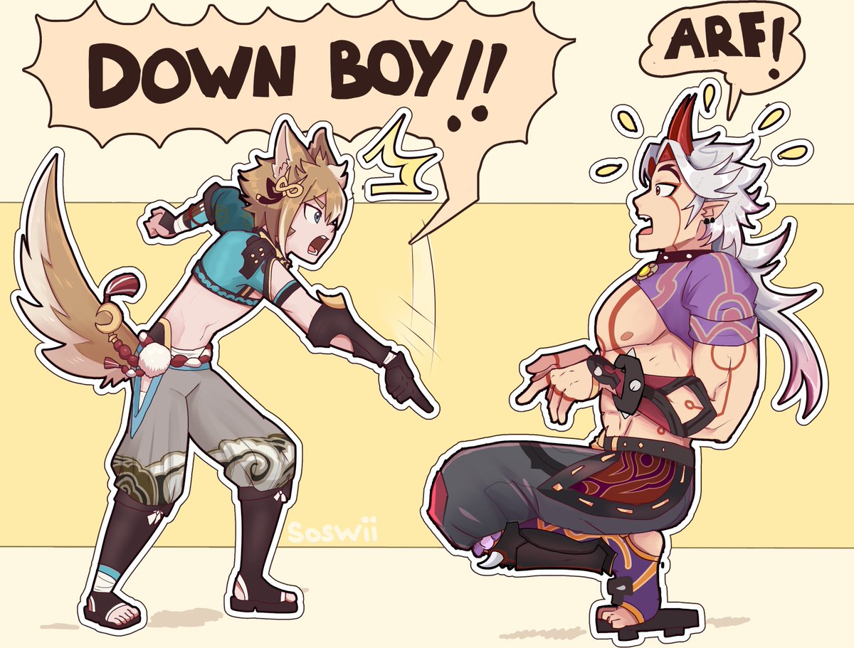🐕 DOWN, ITTO, DOWN!! 
ARF!! 👹 

#itto #gorou #ittorou #genshinimpact