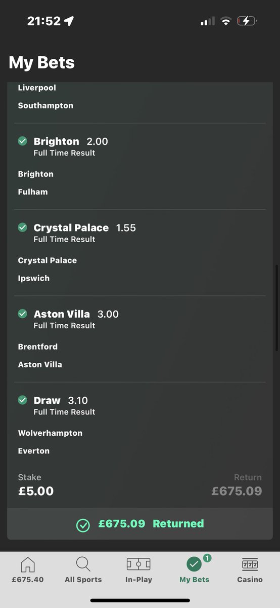 Every prem game today 6/6 ✅✅✅✅✅✅ 

£5 ➡️ £675