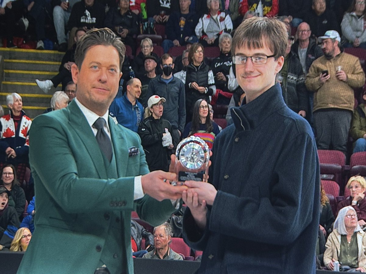 The Paul McLean Award is given by TSN to people who had made contributions to curling behind the scenes

Ted Wyman, who died of cancer in November, given the honour this year. His son Chris is here to accept the award.

We miss you Teddy. Media bench just not the same without you