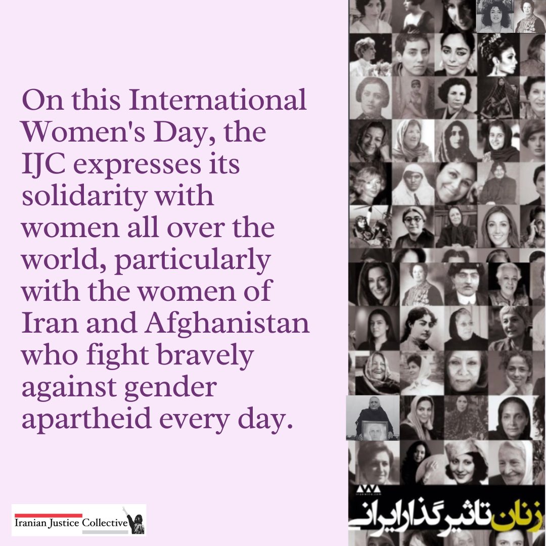 IJCollective's tweet image. On this International Women’s Day, the IJC expresses its solidarity with women all over the world, particularly with the women of Iran and Afghanistan who fight bravely against #GenderApartheid every day.