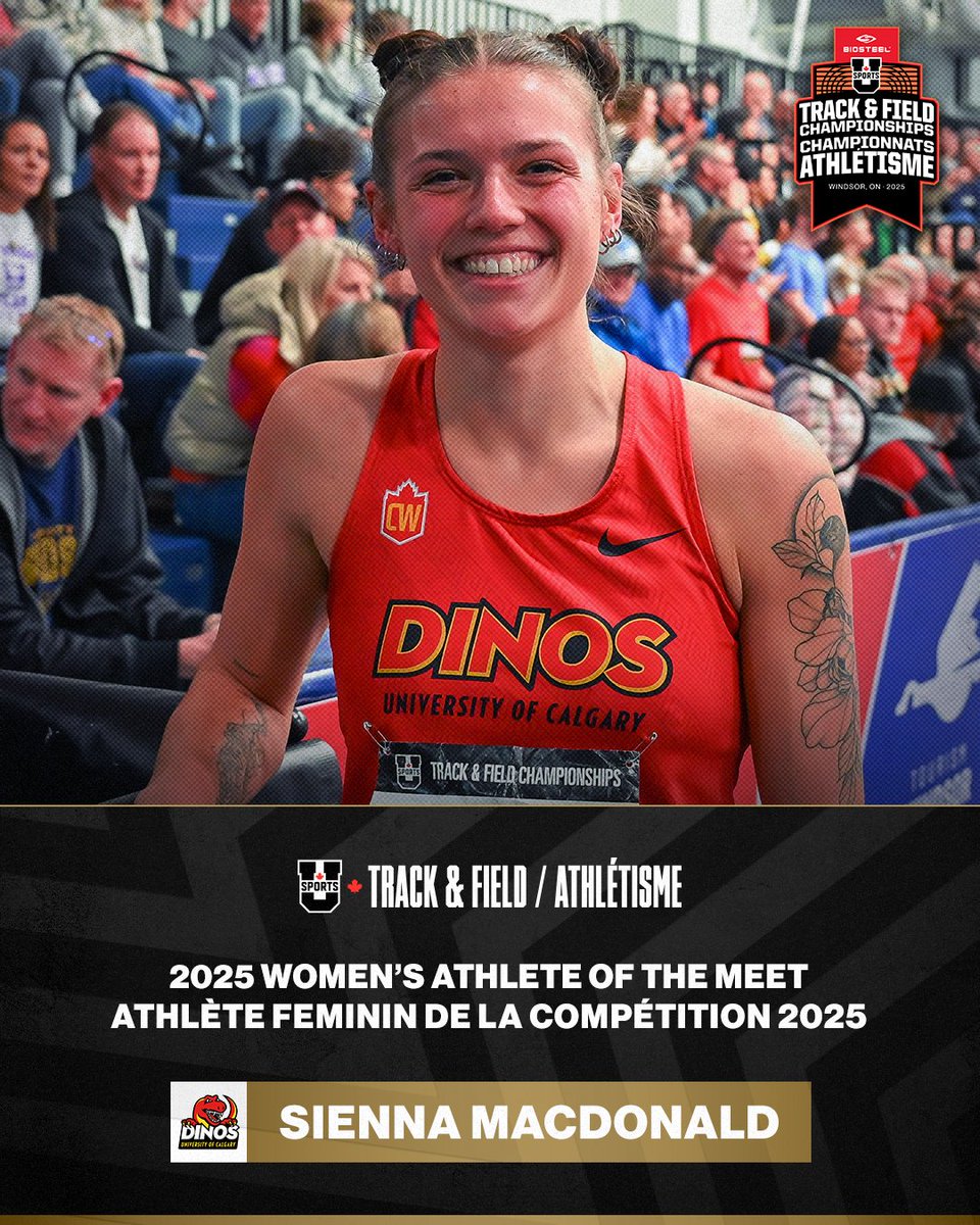 U SPORTS Track & Field (@usportstf) on Twitter photo 🏆 The Women’s Athlete of the Meet Award goes to Sienna Macdonald <a href="/UCDinos/">UCalgary Dinos</a>
🏆 Le prix d’athlète féminine des Championnats est décerné à Sienna Macdonald <a href="/UCDinos/">UCalgary Dinos</a>
#ChaseTheGlory | #ViserHaut 🏆 The Women’s Athlete of the Meet Award goes to Sienna Macdonald <a href="/UCDinos/">UCalgary Dinos</a>
🏆 Le prix d’athlète féminine des Championnats est décerné à Sienna Macdonald <a href="/UCDinos/">UCalgary Dinos</a>
#ChaseTheGlory | #ViserHaut