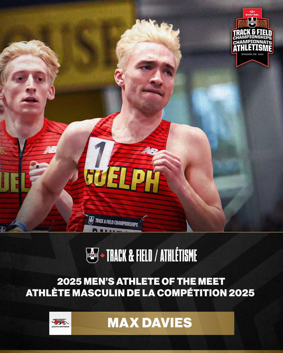 U SPORTS Track & Field (@usportstf) on Twitter photo 🏆The Men’s Athlete of the Meet Award goes to Max Davies <a href="/guelph_gryphons/">Guelph Gryphons</a>
🏆 Le prix d’athlète masculin des Championnats est décerné à Max Davies <a href="/guelph_gryphons/">Guelph Gryphons</a>
#ChaseTheGlory | #ViserHaut 🏆The Men’s Athlete of the Meet Award goes to Max Davies <a href="/guelph_gryphons/">Guelph Gryphons</a>
🏆 Le prix d’athlète masculin des Championnats est décerné à Max Davies <a href="/guelph_gryphons/">Guelph Gryphons</a>
#ChaseTheGlory | #ViserHaut