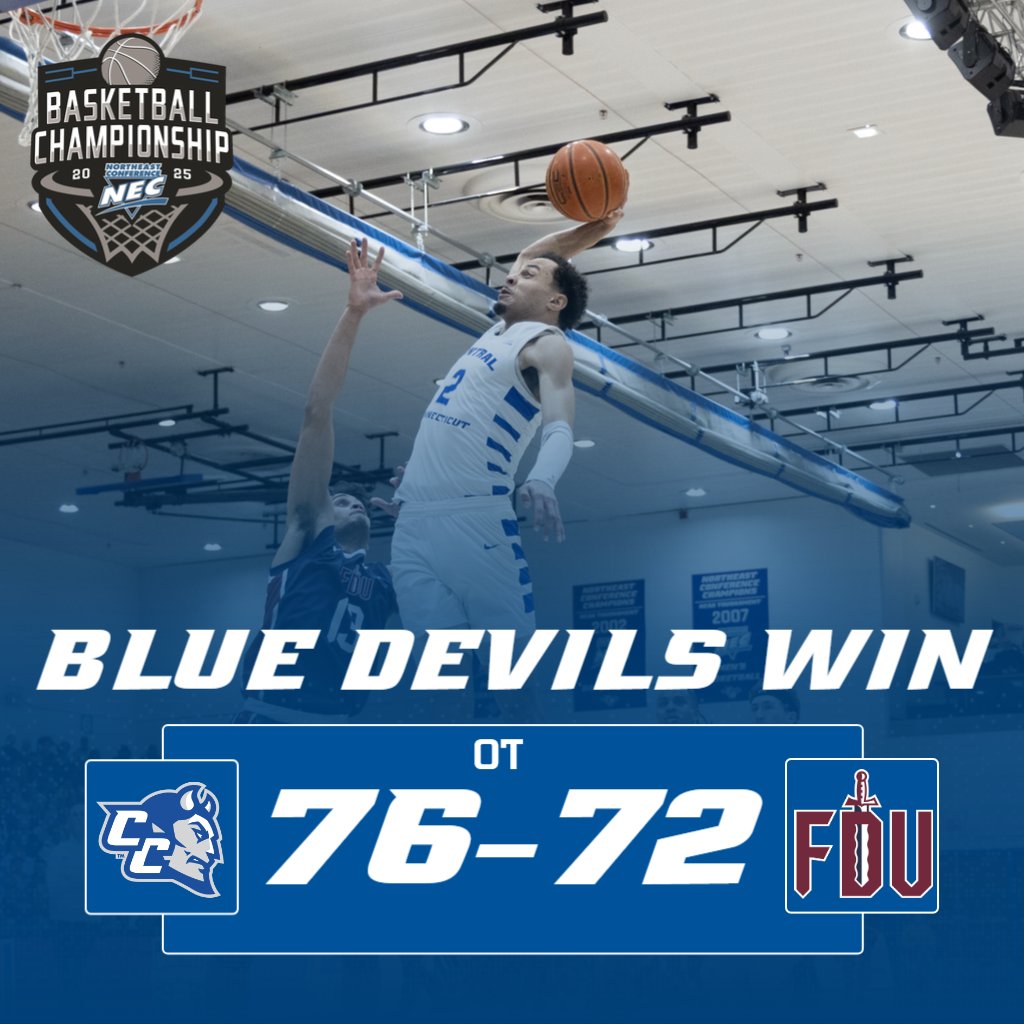 CCSU Blue Devils (@ccsubluedevils) on Twitter photo 🏀 RECAP
<a href="/CCSU_MBB/">CCSU Men’s Basketball</a> 76, FDU 72 OT
🏀 CCSU: 14th straight win (Nation's longest streak)
🏀 Haid: 29p (12-16 fg), 5r, 4stl, 3a
🏀 CCSU: Advances to first NEC title game since 2007
📰 🔗 tinyurl.com/yamr5sx5
⏭ vs. SFU, Tuesday 7pm
#GoBlueDevils | #NECMBB 🏀 RECAP
<a href="/CCSU_MBB/">CCSU Men’s Basketball</a> 76, FDU 72 OT
🏀 CCSU: 14th straight win (Nation's longest streak)
🏀 Haid: 29p (12-16 fg), 5r, 4stl, 3a
🏀 CCSU: Advances to first NEC title game since 2007
📰 🔗 tinyurl.com/yamr5sx5
⏭ vs. SFU, Tuesday 7pm
#GoBlueDevils | #NECMBB