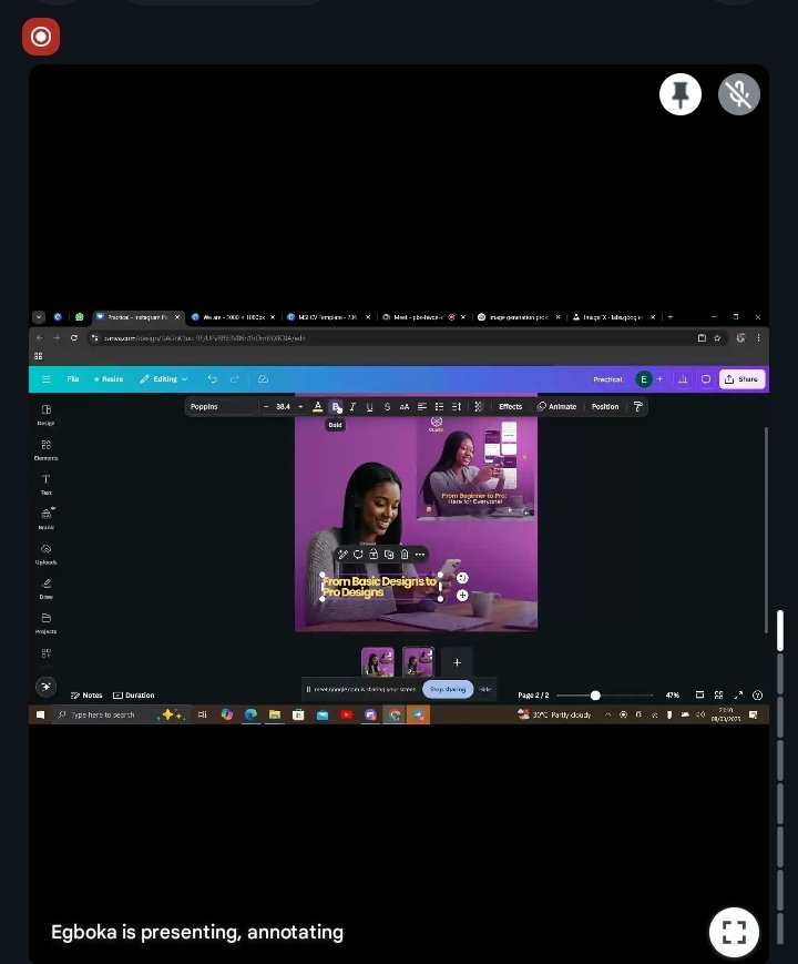 BheeSocials's tweet image. Third live session of my design class with @egbokavictory_, and I learned how layers make selecting elements easier, how built-in apps unlock more design possibilities, and how simple tricks like gradients, mock-ups, and sharpening can instantly upgrade a design. Wil
