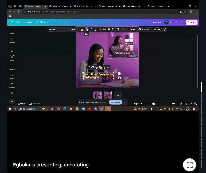 BheeSocials's tweet image. Third live session of my design class with @egbokavictory_, and I learned how layers make selecting elements easier, how built-in apps unlock more design possibilities, and how simple tricks like gradients, mock-ups, and sharpening can instantly upgrade a design. Wil