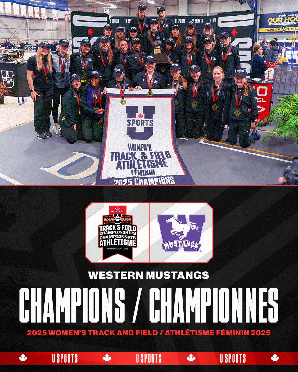 U SPORTS Track & Field (@usportstf) on Twitter photo Congrats to the <a href="/WesternMustangs/">Western Mustangs</a> for winning the overall women’s team ranking of the 2025 U SPORTS Track and Field Championships!
Félicitations à less <a href="/WesternMustangs/">Western Mustangs</a> qui termine au premier rang du classement général féminin aux Championnats d’athlétisme de U SPORTS 2025 ! Congrats to the <a href="/WesternMustangs/">Western Mustangs</a> for winning the overall women’s team ranking of the 2025 U SPORTS Track and Field Championships!
Félicitations à less <a href="/WesternMustangs/">Western Mustangs</a> qui termine au premier rang du classement général féminin aux Championnats d’athlétisme de U SPORTS 2025 !