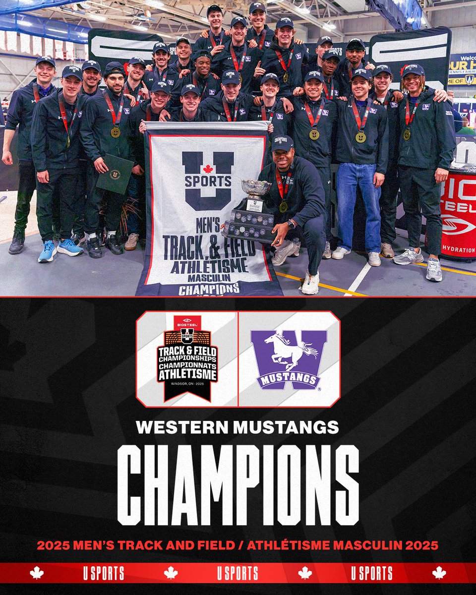 U SPORTS Track & Field (@usportstf) on Twitter photo Congrats to the <a href="/WesternMustangs/">Western Mustangs</a> for winning the overall men’s team ranking of the 2025 U SPORTS Track and Field Championships !
Félicitations à less <a href="/WesternMustangs/">Western Mustangs</a> qui termine au premier rang du classement général masculin aux Championnats d’athlétisme de U SPORTS 2025 ! Congrats to the <a href="/WesternMustangs/">Western Mustangs</a> for winning the overall men’s team ranking of the 2025 U SPORTS Track and Field Championships !
Félicitations à less <a href="/WesternMustangs/">Western Mustangs</a> qui termine au premier rang du classement général masculin aux Championnats d’athlétisme de U SPORTS 2025 !