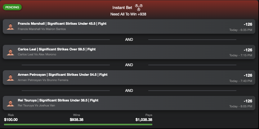 Here is my 10x (+938 Odds) <a href="/BetOpenly/">BetOpenly.com</a> Significant Strike Parlay! If this hits, I will divide the money evenly with anyone who follows and retweets! #UFC313