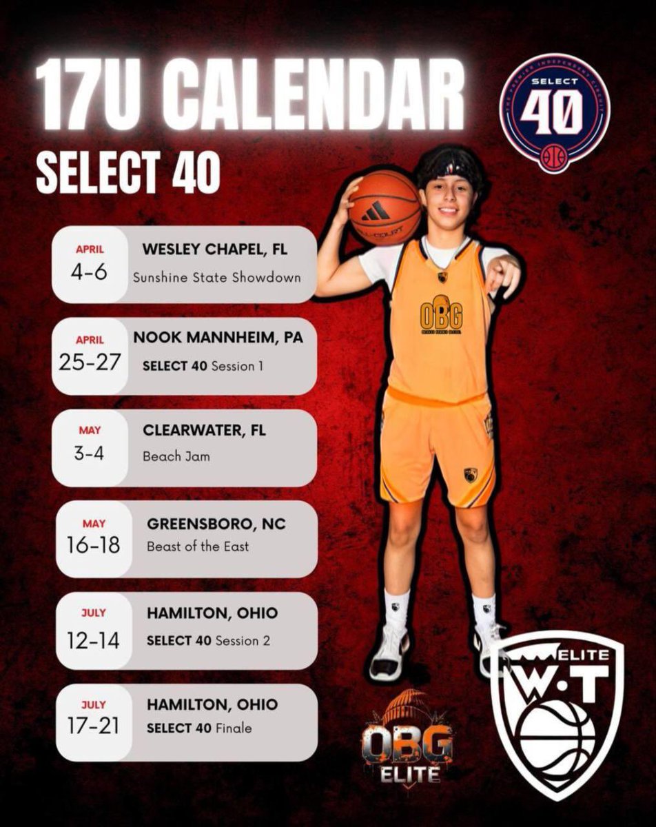 The official schedule for the WT Elite 17U team is here! Exciting stops across the nation as we gear up for a competitive season. Time to put in the work and play high-level basketball!

Big shoutout to the team’s official sponsor, OBG Elite, for the support. Let’s get to work!