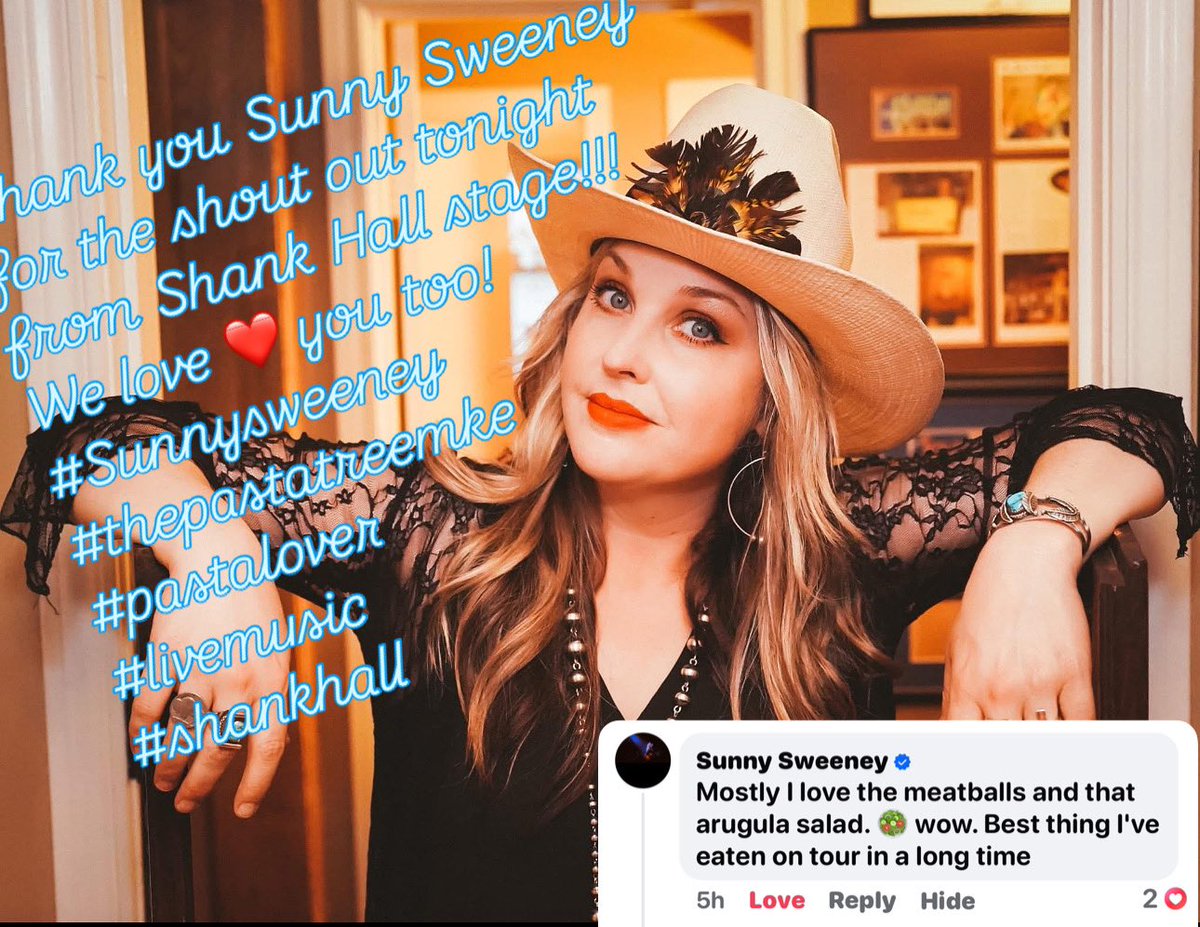 ThePastaTree's tweet image. ✨ Big love to @SunnySweeney for dining with us before her show at Shane Hall last night! 🎶 She gave us a shoutout on stage, raving about our house-made meatballs and arugula salad—and we couldn’t be more honored!