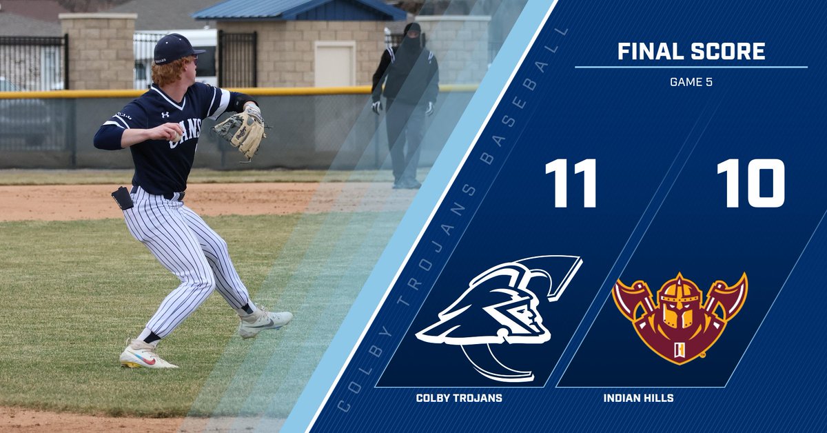 BSB: Final 
Earlier today, Colby swept Indian Hills at home with a game one final 2-1 and 11-10 in game 2. The Trojans improve to 8-8 overall and will start KJCCC action Thursday at home vs Garden City at 1 pm CT. #BleedBlue #FightOn