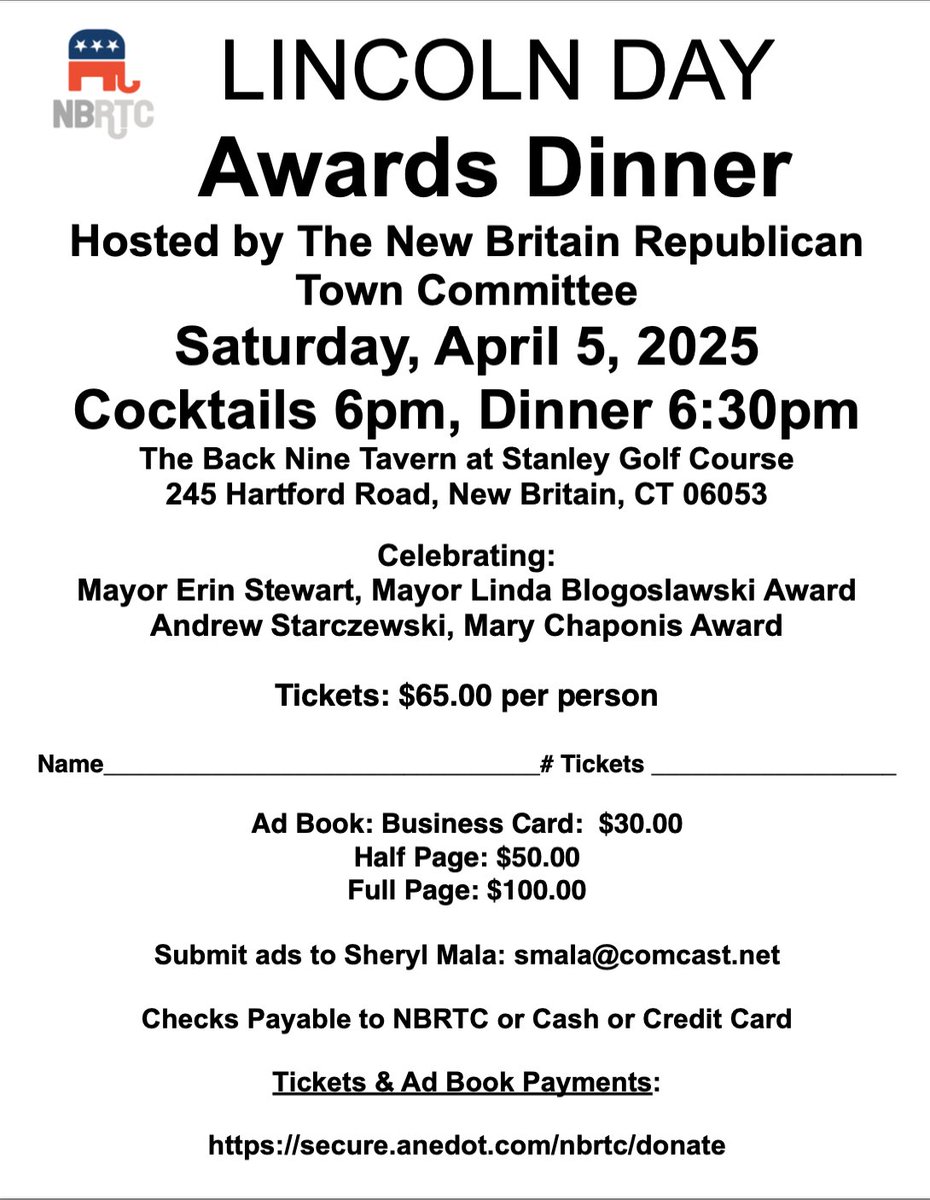 New Britain RTC (@newbritainrtc) on Twitter photo 🎉 Celebrate Our Honorees! 🎉
Join us at the Lincoln Day Awards Dinner to recognize:
🏅 Mayor <a href="/erinstewartct/">Mayor Erin Stewart</a> for leadership
🏅 Andrew Starczewski for community excellence
Get your tickets & RSVP:
🔗 Tickets: secure.anedot.com/nbrtc/donate
🎟️ RSVP: tinyurl.com/NBRTCDinner2025 🎉 Celebrate Our Honorees! 🎉
Join us at the Lincoln Day Awards Dinner to recognize:
🏅 Mayor <a href="/erinstewartct/">Mayor Erin Stewart</a> for leadership
🏅 Andrew Starczewski for community excellence
Get your tickets & RSVP:
🔗 Tickets: secure.anedot.com/nbrtc/donate
🎟️ RSVP: tinyurl.com/NBRTCDinner2025