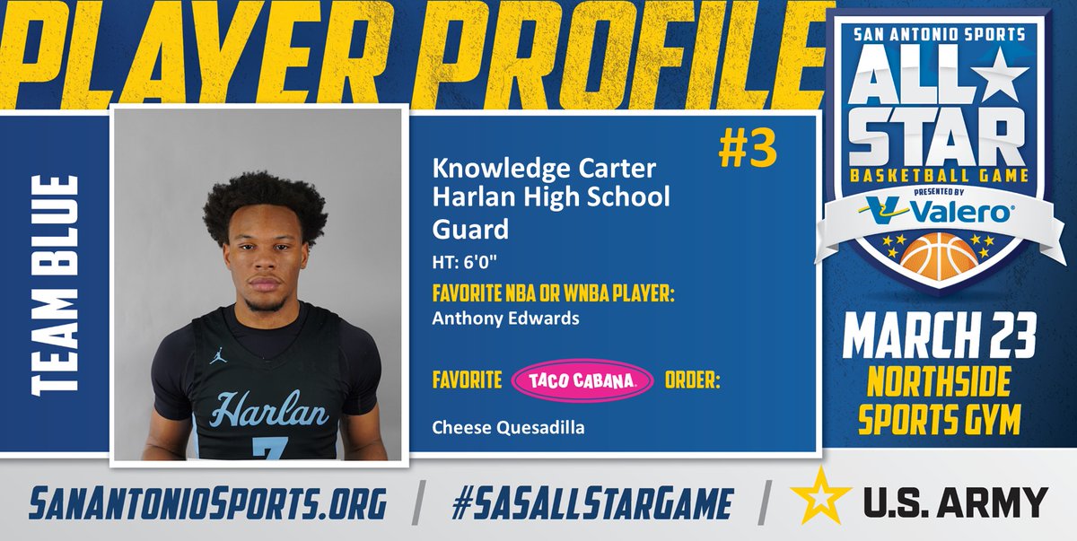 San Antonio Sports (@sa_sports) on Twitter photo Meet <a href="/_therealkc/">Knowledge Carter</a> from <a href="/NISDHarlan/">Harlan High School</a> who will compete in the San Antonio Sports All-Star Basketball game pres. by <a href="/ValeroEnergy/">Valero</a> at the Northside Sports Gym on March 23rd! #SASAllStarGame #BeAllYouCanBe <a href="/TacoCabana/">Taco Cabana</a> <a href="/ArmySanAntonio/">GoArmy San Antonio</a> <a href="/theantedwards_/">Anthony Edwards</a>
<a href="/harlanhoops/">Harlan Hoops 🏀</a>
<a href="/CoachJHall1/">Coach Jarvin Hall</a> Meet <a href="/_therealkc/">Knowledge Carter</a> from <a href="/NISDHarlan/">Harlan High School</a> who will compete in the San Antonio Sports All-Star Basketball game pres. by <a href="/ValeroEnergy/">Valero</a> at the Northside Sports Gym on March 23rd! #SASAllStarGame #BeAllYouCanBe <a href="/TacoCabana/">Taco Cabana</a> <a href="/ArmySanAntonio/">GoArmy San Antonio</a> <a href="/theantedwards_/">Anthony Edwards</a>
<a href="/harlanhoops/">Harlan Hoops 🏀</a>
<a href="/CoachJHall1/">Coach Jarvin Hall</a>