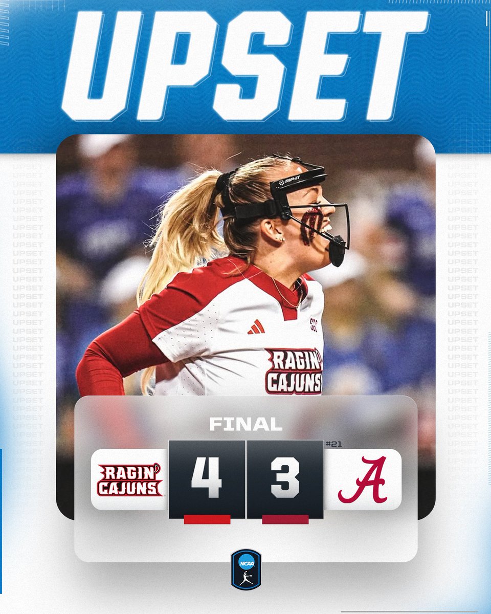 A TOP 25 WIN FOR LOUISIANA ‼️

<a href="/RaginCajunsSB/">Louisiana Ragin' Cajuns® Softball</a> upsets No. 21 Alabama, 4-3!

#NCAASoftball