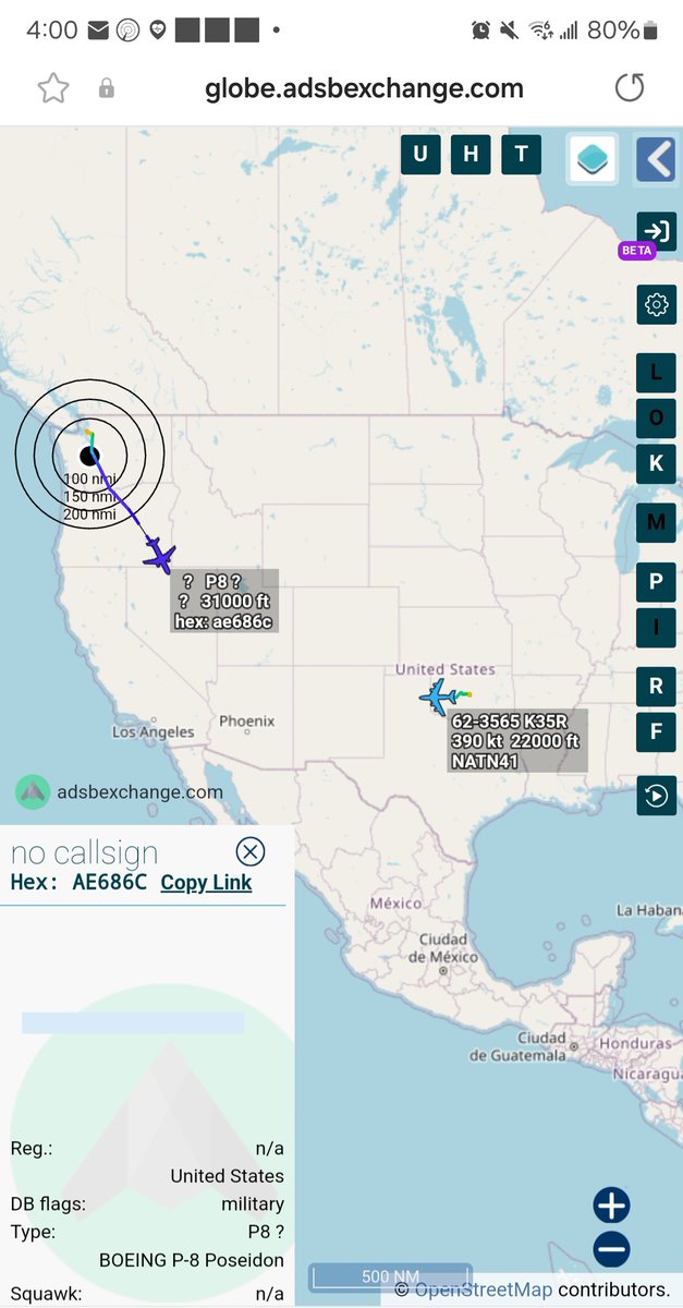 Borrowed7Time's tweet photo. US Navy P-8A Poseidon #AE686C tracking S from NAS Whidbey Island to meet with USAF KC-135R 62-3565 #AE066D as NATN41 for refueling before operating along the border.
H/T to @sipjack1776 for the spot!
@TheIntelFrog @natsecboogie @toystark6886 @All_Source_News @LatAmMilMVMTs https://t.co/nCBp6yqgno