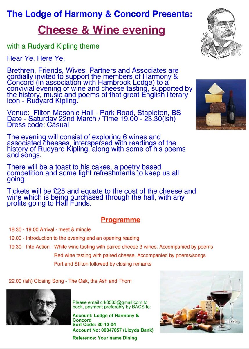 Cheese and Wine Tasting Evening 22nd March.

Full details are below. Everyone is welcome.