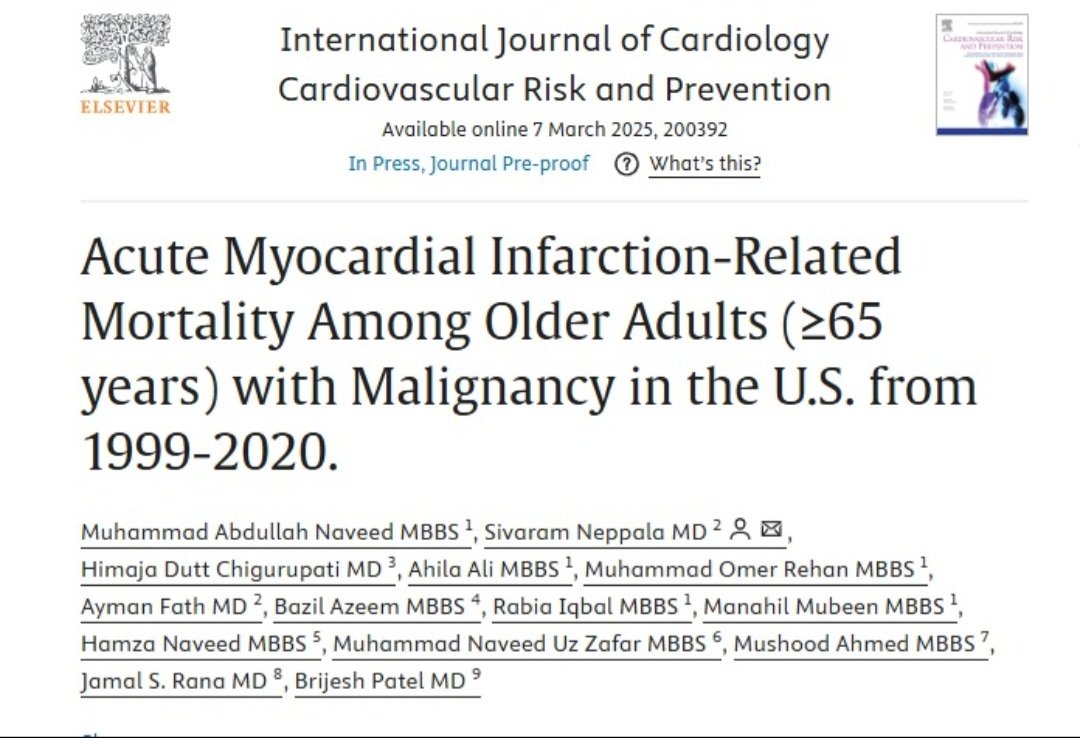 MushoodCh's tweet image. Our new publication!
From 1999-2020, AMI-related deaths among older patients with malignancy declined 📉, but disparities persist!
🔹 Men > Women (28.6 vs. 12.3)
🔹 Black > White (22.7 vs. 19.3)
Thanks to
@JamalRanaMD @sivaramneppala
sciencedirect.com/science/articl…