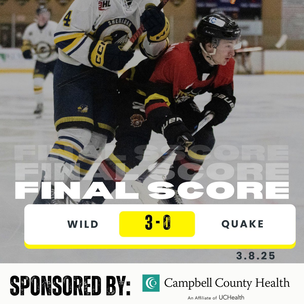 We ended the season with a 3-0 win against the Yellowstone Quake! 

🚨 
Hunziker
Delich 
Schmidt 

SOG: 
Gillette - 49 
Yellowstone - 34

Thanks for all the support this season! We can’t wait for next year 💪🏼