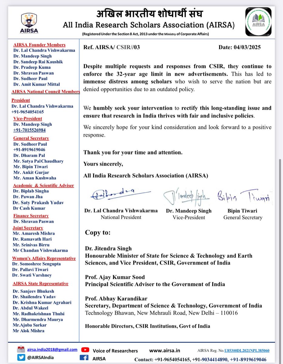 All India Research Scholars Association (@airsaindia) on Twitter photo It's disheartening that Indian scholars spent years in PhD & postdoc training,yet remain ineligible for scientist positions in <a href="/CSIR_IND/">CSIR, India</a> It's academic harassment—Indian researchers deserve fair opportunities <a href="/DrNKalaiselvi/">N Kalaiselvi</a> <a href="/IndianExpress/">The Indian Express</a>
<a href="/manojkjhadu/">Manoj Kumar Jha</a> <a href="/the_hindu/">The Hindu</a> <a href="/IndiaToday/">IndiaToday</a> #CSIR It's disheartening that Indian scholars spent years in PhD & postdoc training,yet remain ineligible for scientist positions in <a href="/CSIR_IND/">CSIR, India</a> It's academic harassment—Indian researchers deserve fair opportunities <a href="/DrNKalaiselvi/">N Kalaiselvi</a> <a href="/IndianExpress/">The Indian Express</a>
<a href="/manojkjhadu/">Manoj Kumar Jha</a> <a href="/the_hindu/">The Hindu</a> <a href="/IndiaToday/">IndiaToday</a> #CSIR